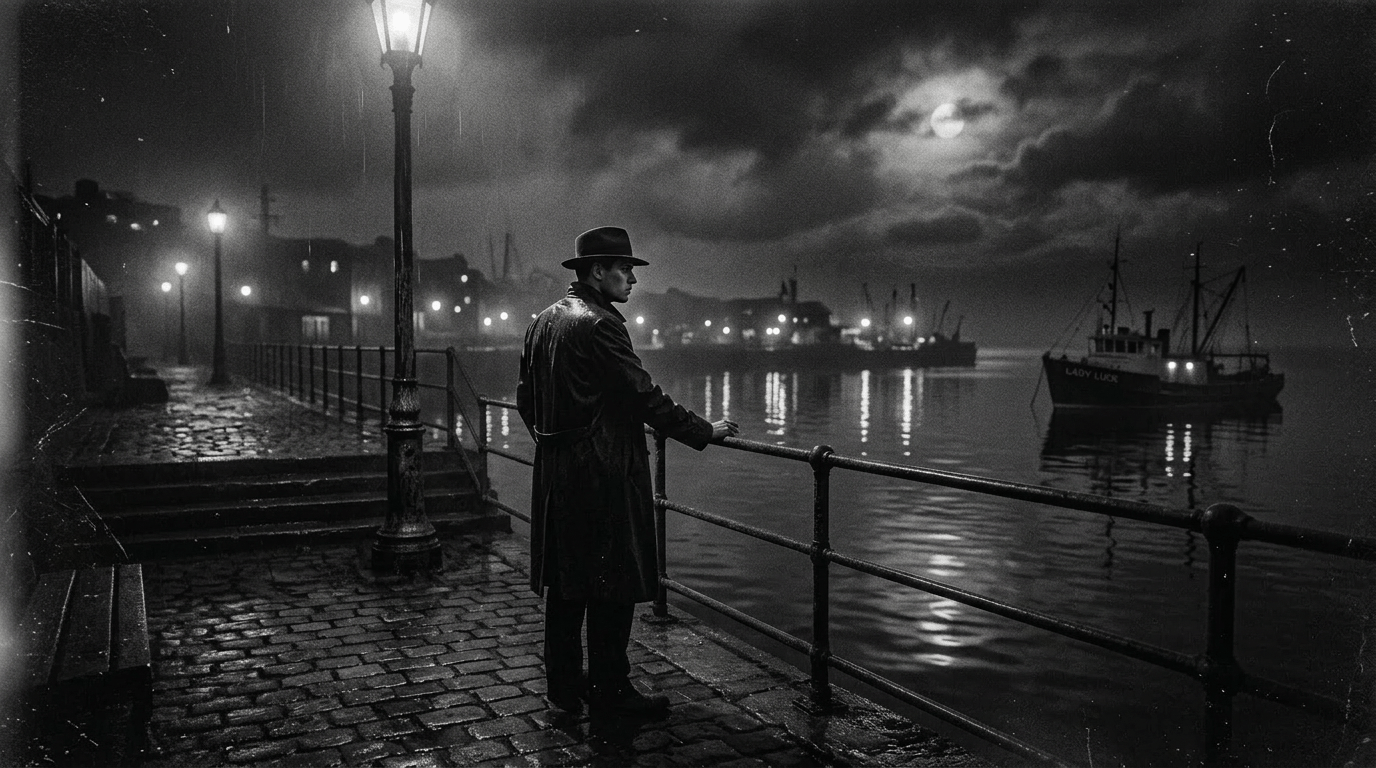 Man smoking near waterfront railing on rainy night with boats and lanterns