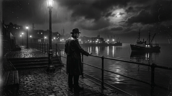 Man smoking near waterfront railing on rainy night with boats and lanterns